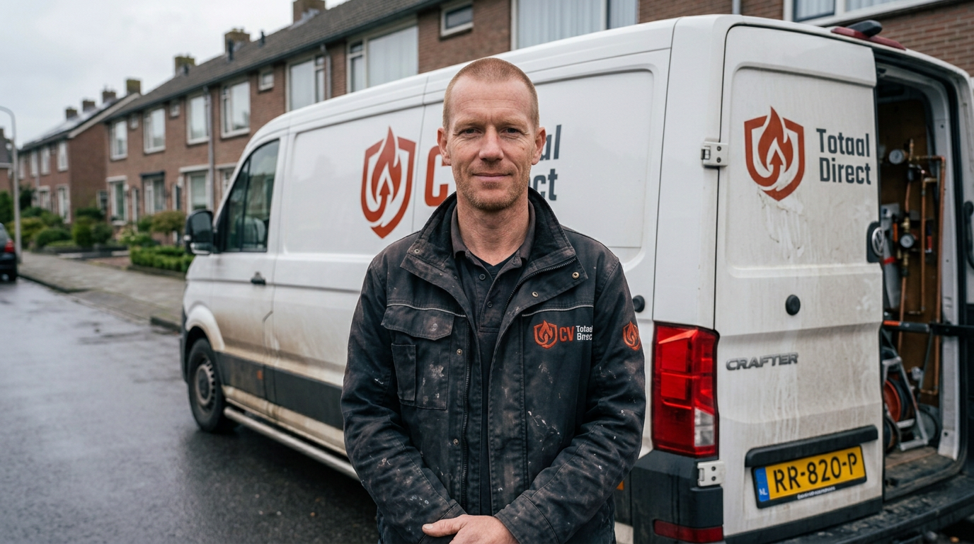 CV Totaal Direct monteur voor zijn servicebus in een Nederlandse woonwijk