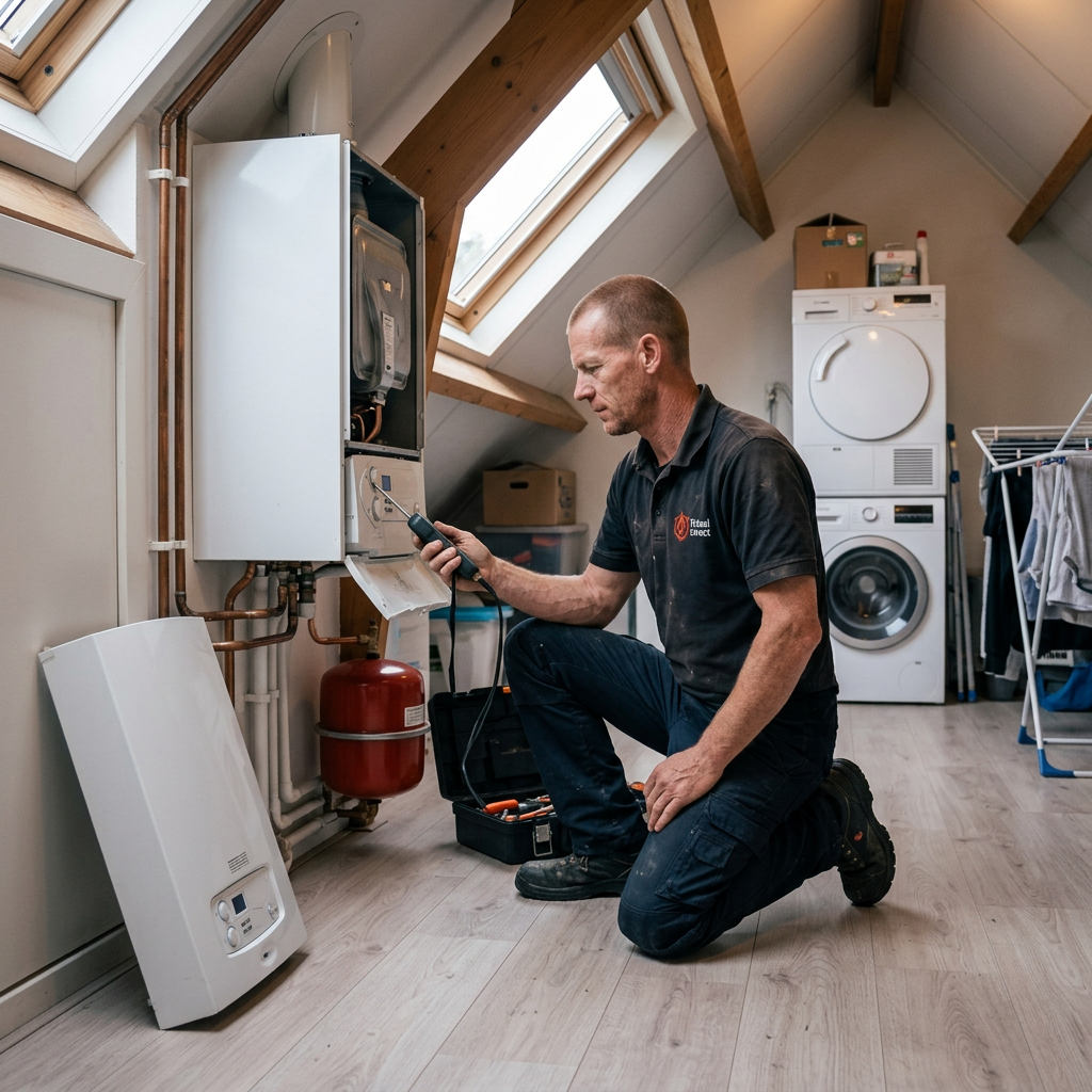 Monteur van CV Totaal Direct meet een CV-ketel zorgvuldig door
